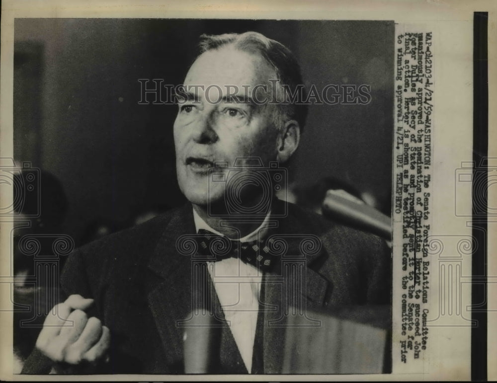 1959 Press Photo Christian Herter at Senate Foreign Relations Committee Meeting - Historic Images