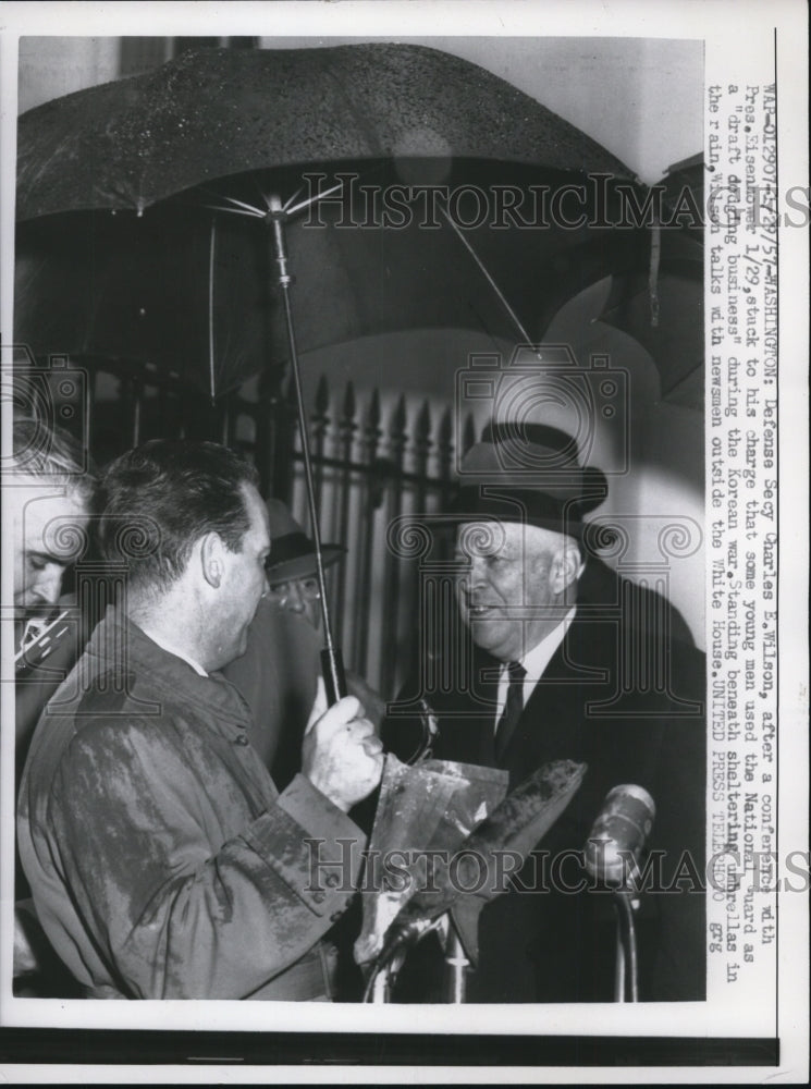 1957 Press Photo Charles E. Wilson w Reporters Outside White House - nef43710 - Historic Images