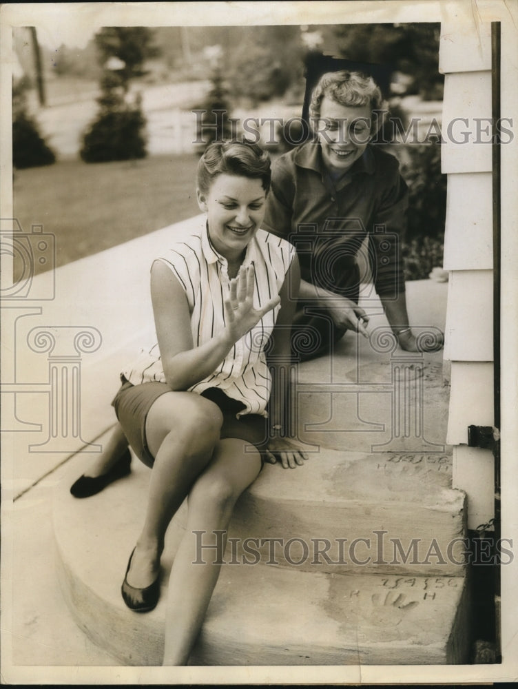 1956 Mrs Hubert Humphrey &amp; Daughter Nancy Makes Handprint in Cement - Historic Images