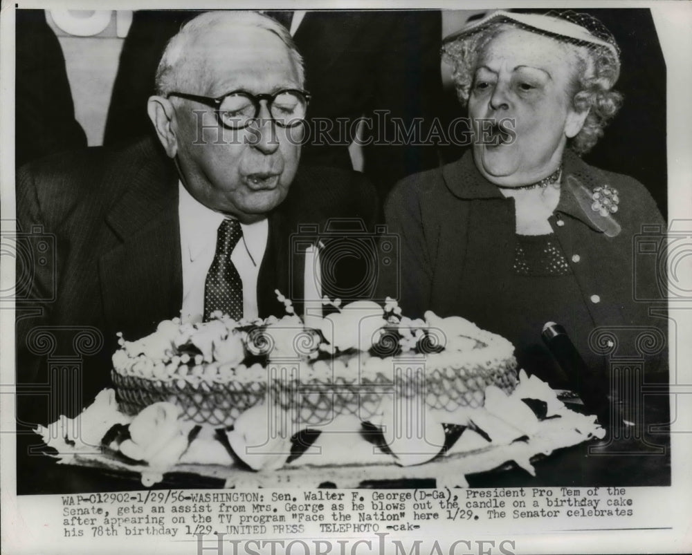 1956 Press Photo Walter F. George &amp; Wife w Birthday Cake on &quot;Face the Nation&quot;-Historic Images