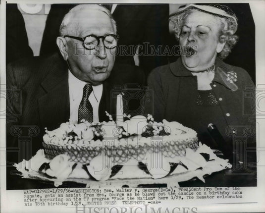 1956 Press Photo Walter F. George & Wife w Birthday Cake on "Face the Nation"-Historic Images
