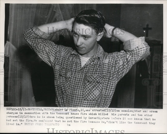 1955 Press Photo Richard L Plante Arrested on Manslaughter & Arson charges - Historic Images