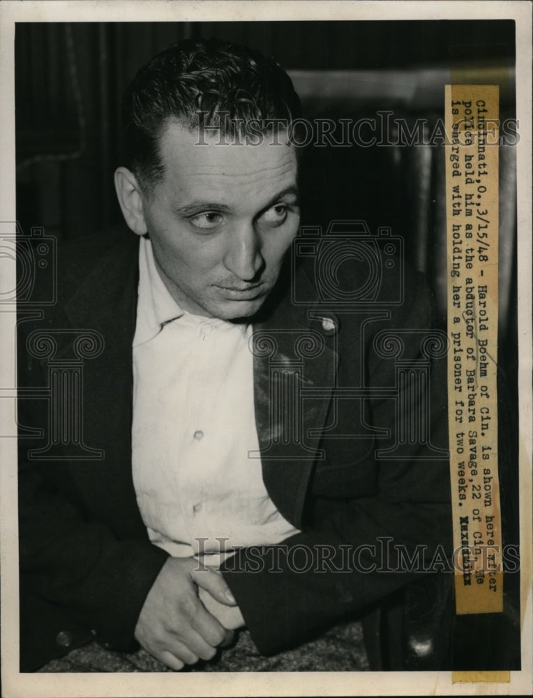 1948 Press Photo Harold Boehm Charged with Barbara Savage Kidnapping, Cincinnati - Historic Images