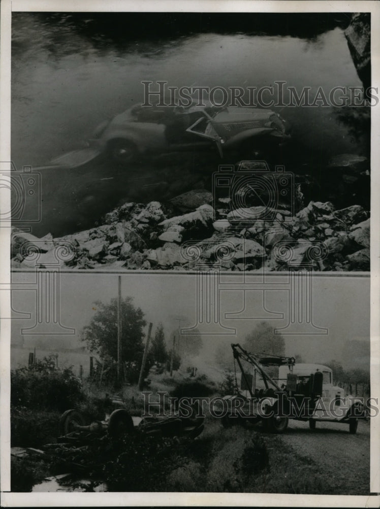 1938 Press Photo Top Car Plunged 200 Ft Smith River Canyon Botton Truck Overturn-Historic Images