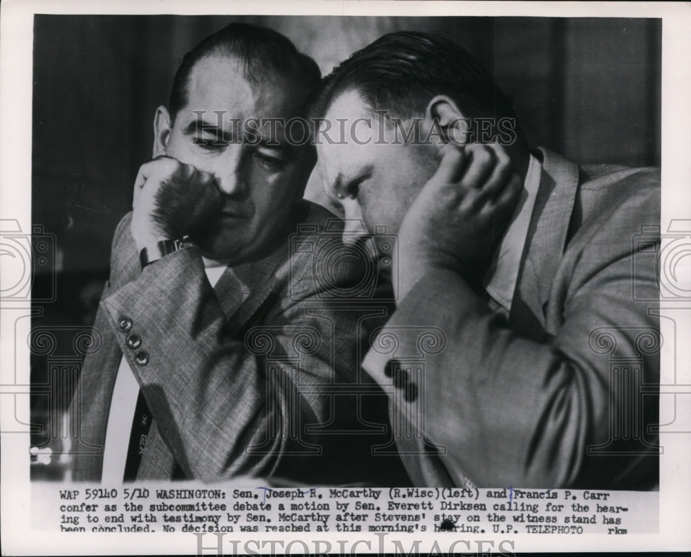 1954 Press Photo Joseph R. McCarthy, Francis P. Carr at Hearing, Washington D.C.-Historic Images