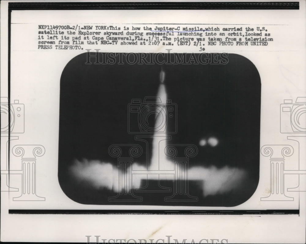 1958 Press Photo Jupiter-C Missile Launch at Cape Canaveral, Florida - nef50297-Historic Images