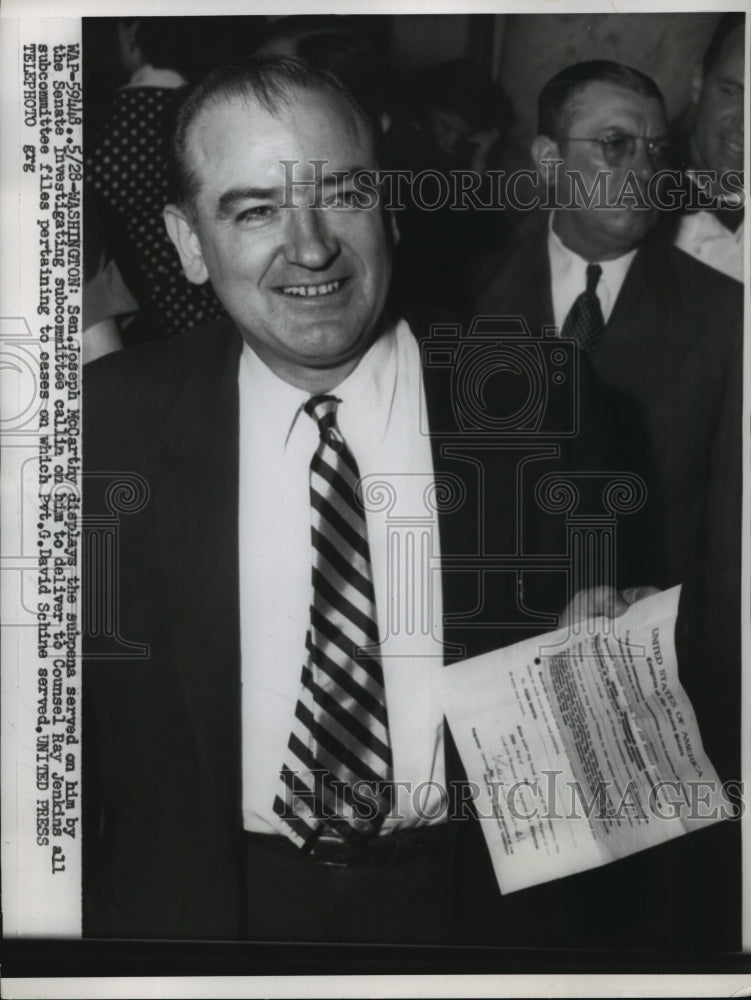 1954 Press Photo Senator Joseph McCarthy Holding Senate Subpoena in Washington - Historic Images