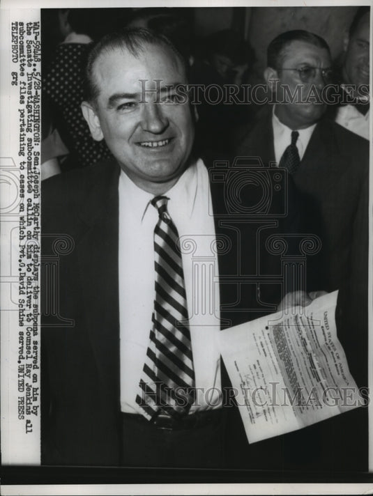 1954 Press Photo Senator Joseph McCarthy Holding Senate Subpoena in Washington - Historic Images