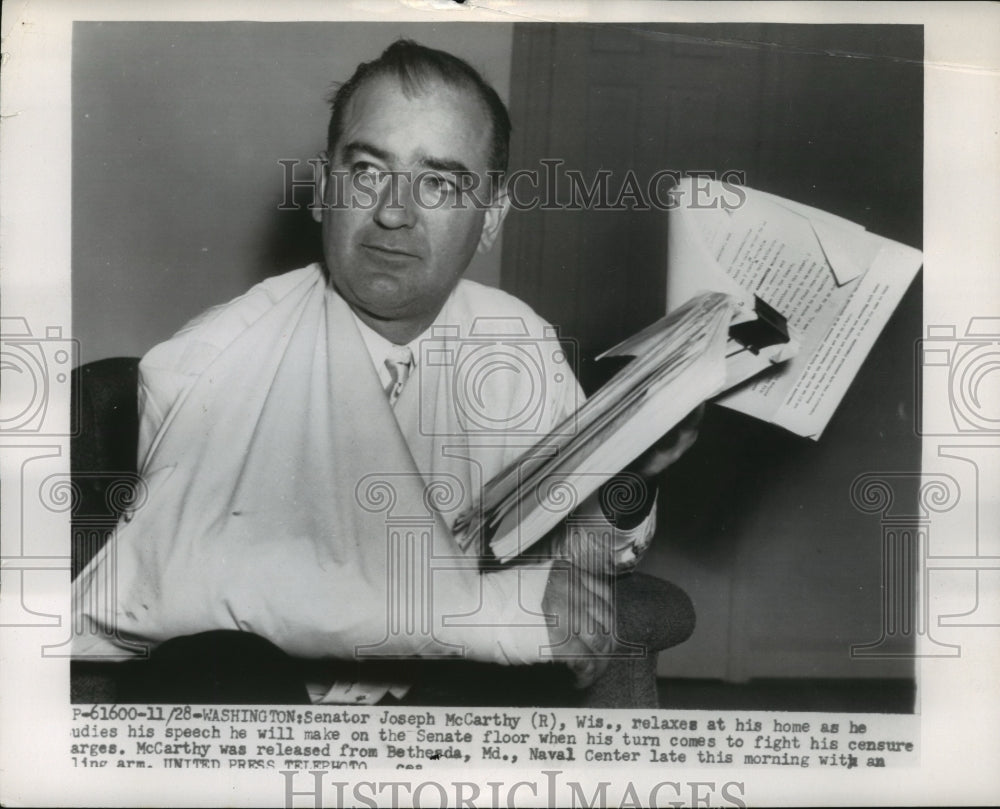 1954 Senator Joseph McCarthy at Home Studying Speech, Washington - Historic Images