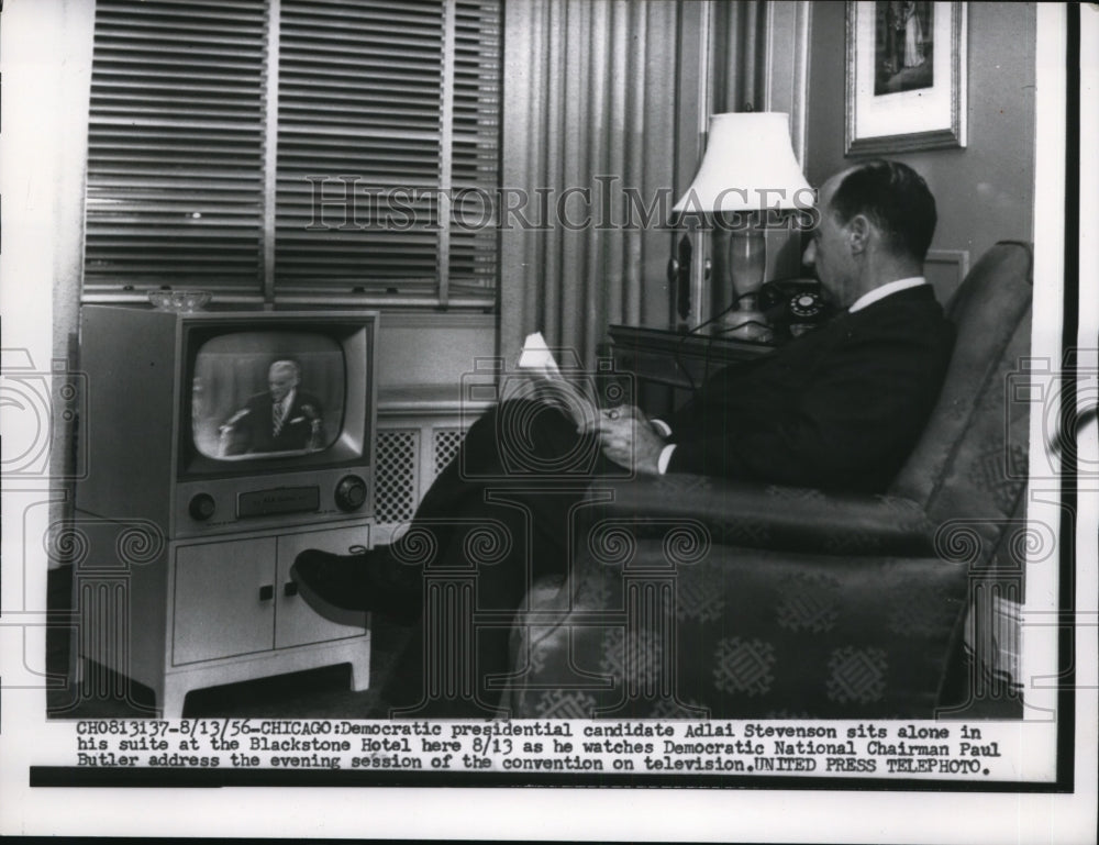 1956 Adlai Stevenson sits at the Blackstone Hotel in Chicago - Historic Images