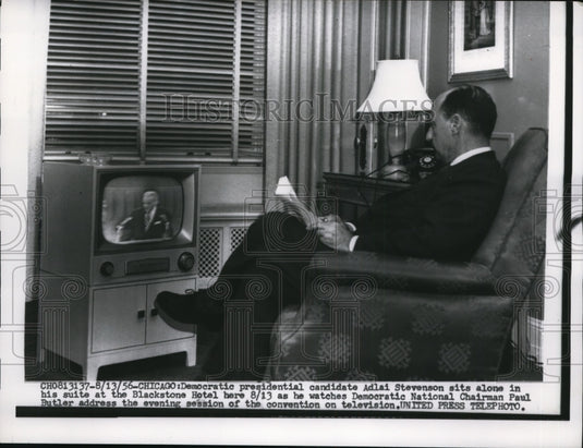 1956 Adlai Stevenson sits at the Blackstone Hotel in Chicago - Historic Images