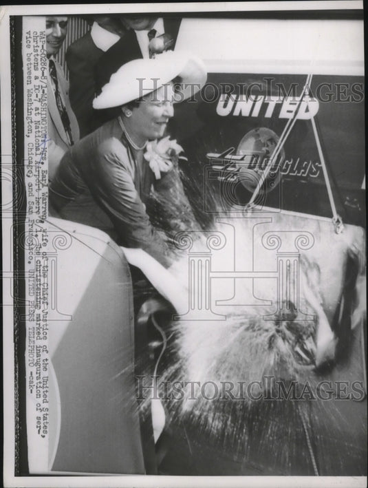 1954 Press Photo Nina Warren Christening DC-7 at Washington DC National Airport - Historic Images