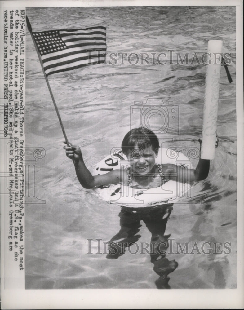 1954 Press Photo Little Boy Thorne Greenberg w U.S. Flag in Miami Beach Pool-Historic Images