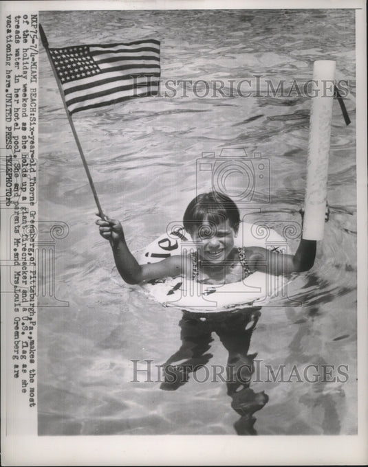 1954 Press Photo Little Boy Thorne Greenberg w U.S. Flag in Miami Beach Pool-Historic Images
