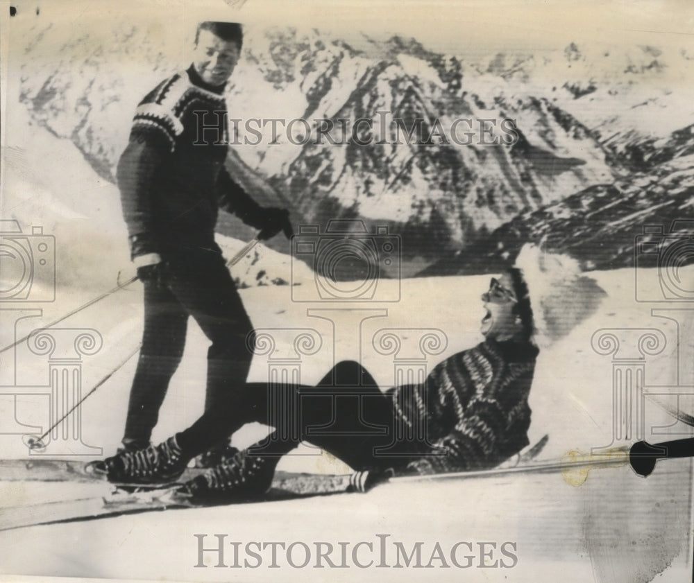 1964 Empress Farah Diba Laughs as She Falls While Skiing at Lizum - Historic Images