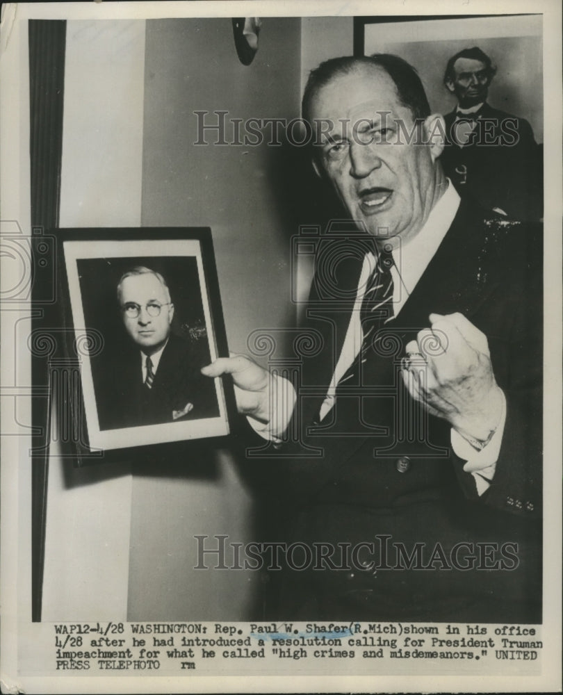 1952 Press Photo Rep.Paul W.Shafer calling for Pres.Truman impeachment-Historic Images