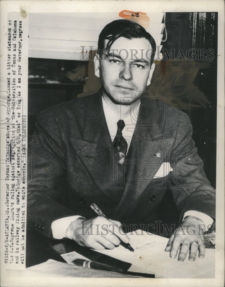 1950 Press Photo Gov. Herman Talmadge of George issued statement on U.S Supreme-Historic Images