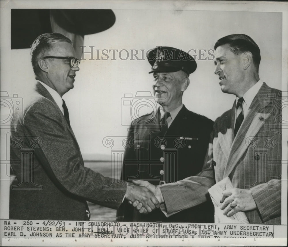 1953 U.S Army Robert Steven, Gen.John E Hull and Earl Johnson - Historic Images