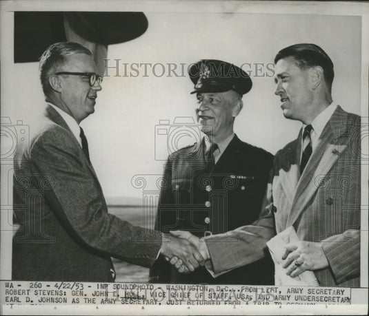1953 U.S Army Robert Steven, Gen.John E Hull and Earl Johnson - Historic Images