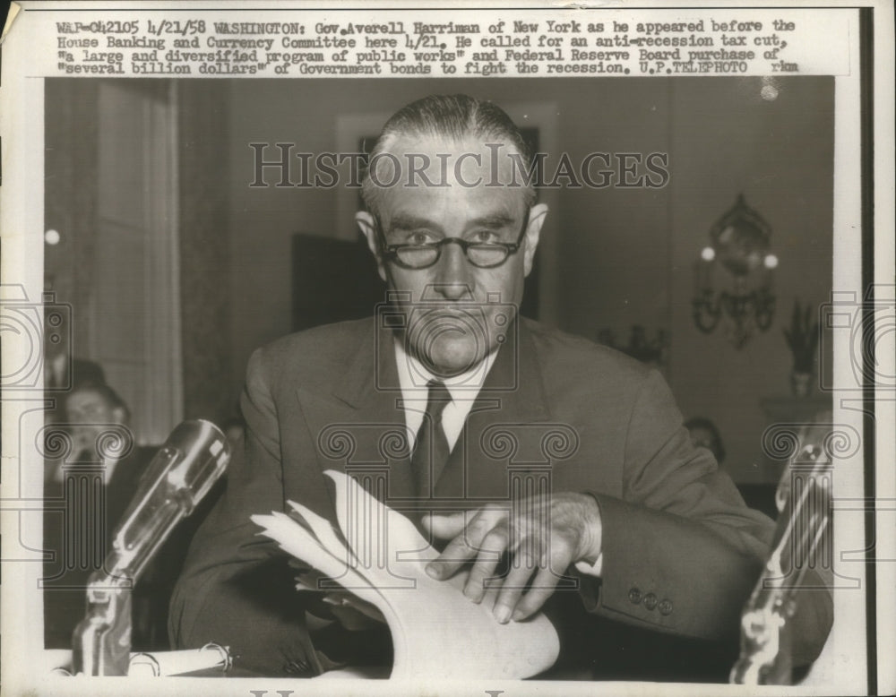 1958 Press Photo Governor Averell Harriman calls for an anti-recession tax cut - Historic Images