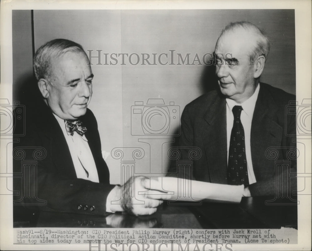 1948 Press Photo Philip Murray confers with Jack Kroll - nef59990-Historic Images