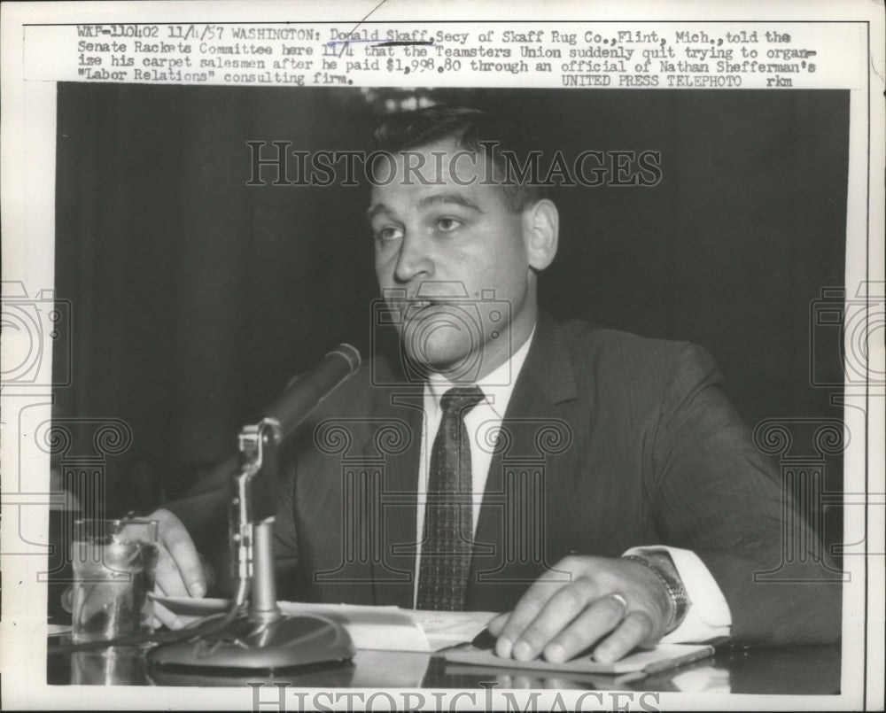 1957 Donald Skaff, Sec.ofskaff Rug Co.at Senate Rackets Committee - Historic Images