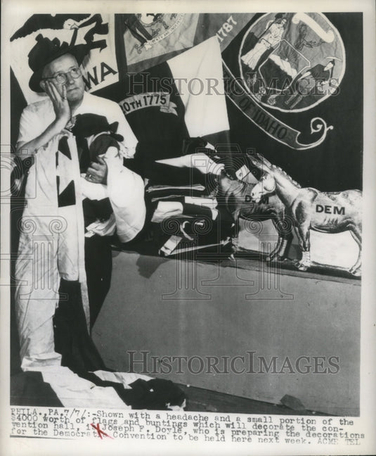 1948 Press Photo Joseph F. Doyle prepares decorations for Democratic Convention-Historic Images