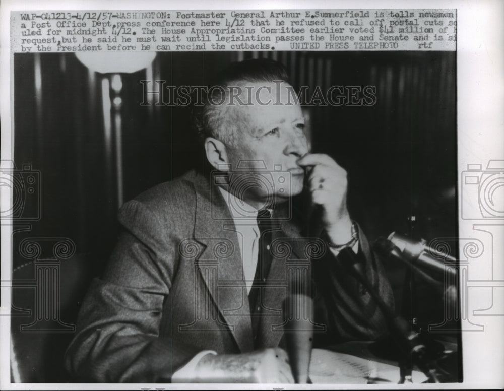 1957 Press Photo Arthur Summerfield, Postmaster General talked to newsman-Historic Images