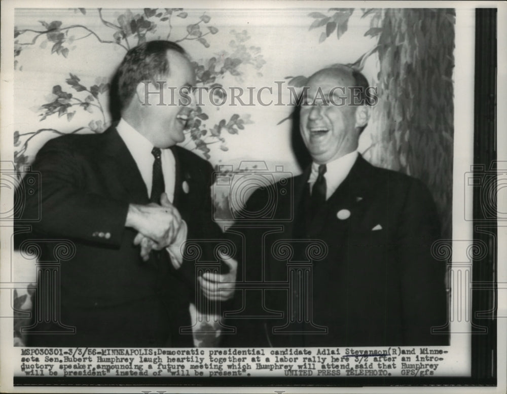 1956 Adlai Stevenson, Hubert Humphrey laugh heartily together - Historic Images