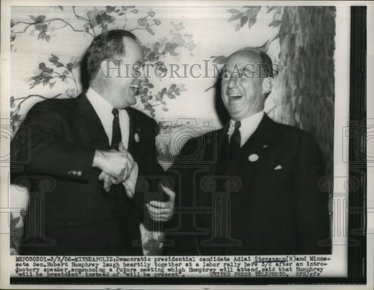 1956 Adlai Stevenson, Hubert Humphrey laugh heartily together - Historic Images