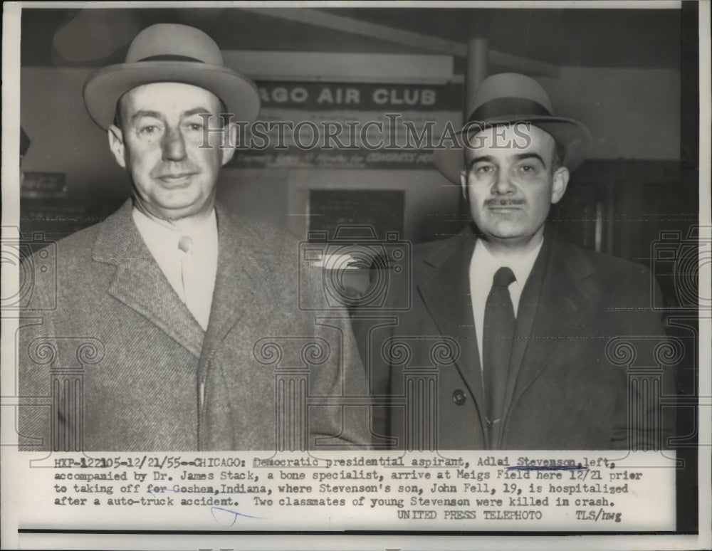 1955 Press Photo Adlai Stevenson accompanied by bone specialist, Dr. James Stack - Historic Images