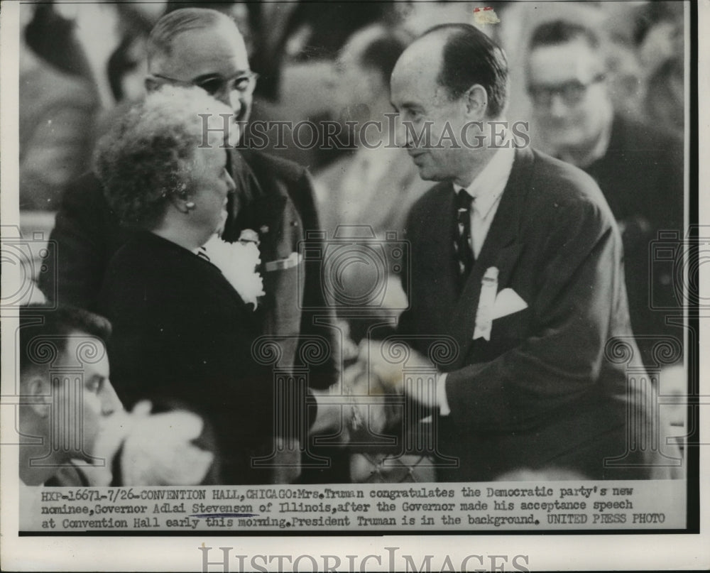 1952 Press Photo Governor Adlai Stevenson Congratulated by Bess Truman-Historic Images