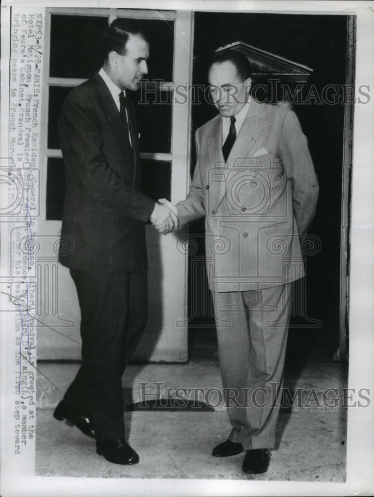 1955 Gilbert Grandval greeted French Premier Edgar Faure  - Historic Images