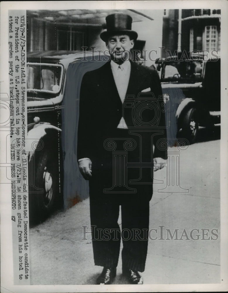 1953 Press Photo Adlai Stevenson Steps Out in Top Hat to Attend Garden Party-Historic Images