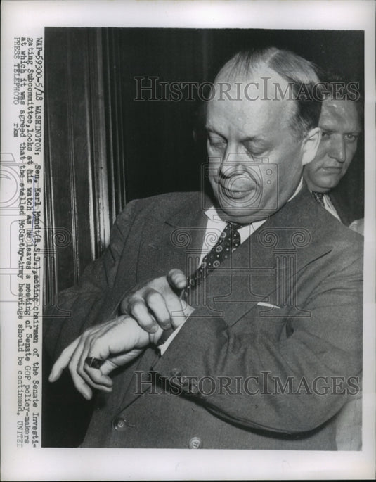 1954 Sen. Karl Mundt leaves a meeting of Senate GOP Policy Makers - Historic Images