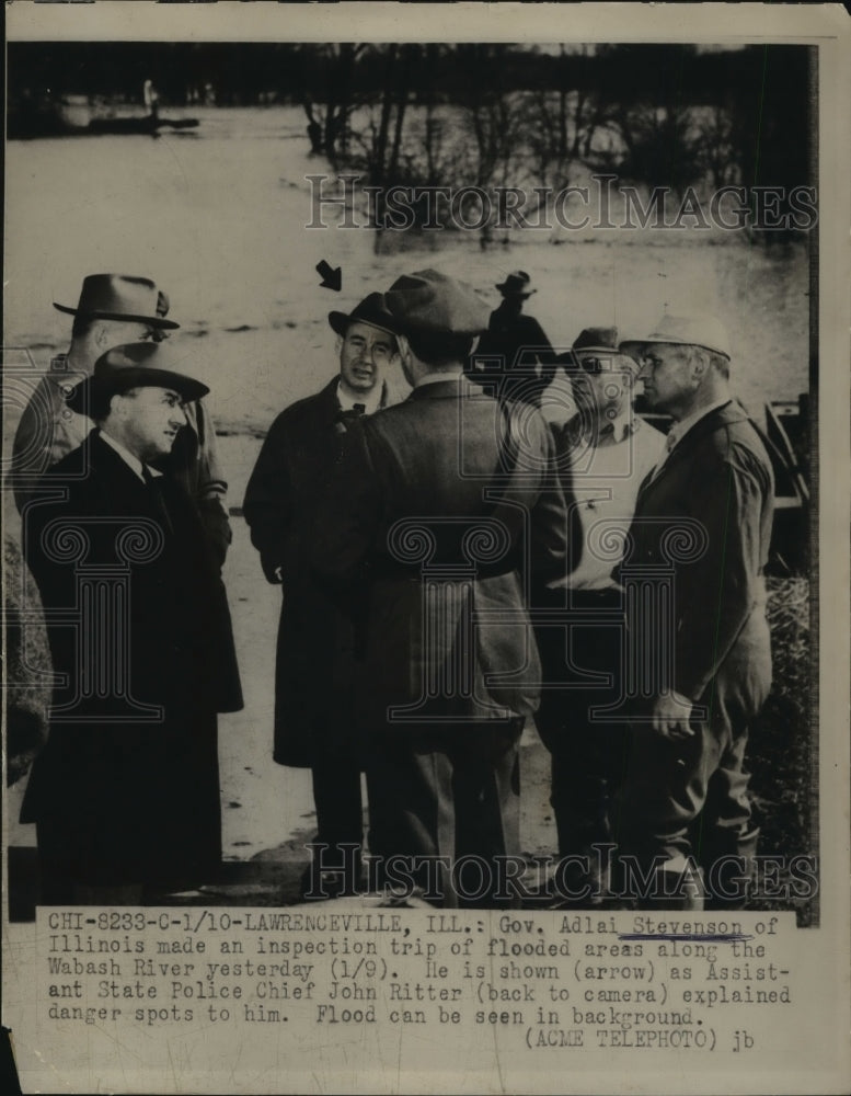 1950 Adlai Stevenson Makes Inspection Trip of Floods at Wabash River - Historic Images