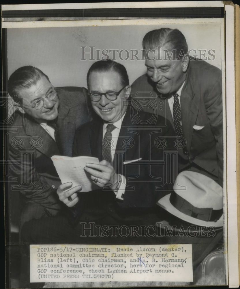 1957 Press Photo Meade Alcorn GOP Chairman with Raymond Bliss and A,B. Hermann-Historic Images