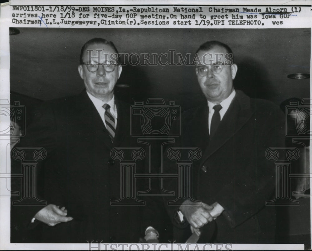 1959 Press Photo Meade Alcorn, LL Jurgemeyer in De Moines for Republican Meeting-Historic Images