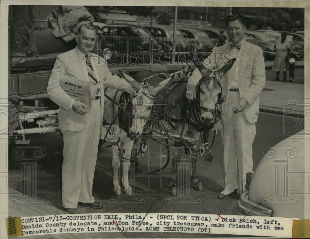 1948 Dick Balch & Don Price Make Friends with 2 Democratic Donkeys - Historic Images