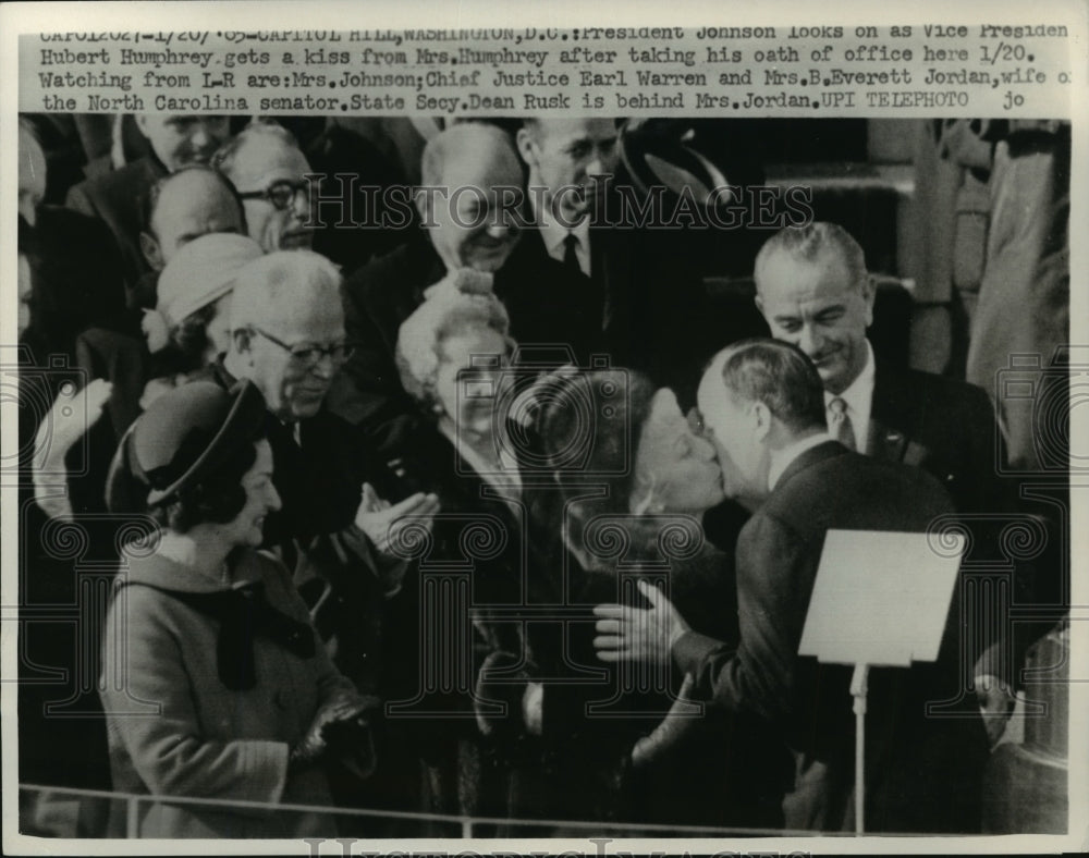 1965 Pres Johnson Looks on as Vice Pres Humphrey Gets Kiss From Wife - Historic Images