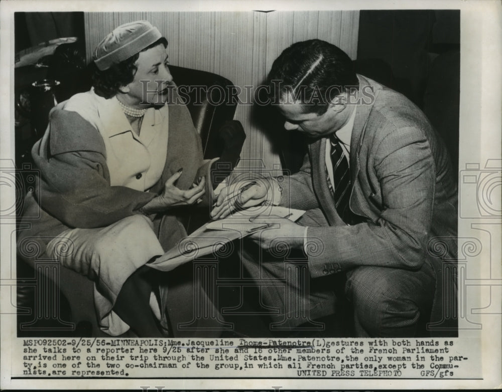 1956 Press Photo Mrs Jacqueline Thome-Patenotra Talks to Reporter After Arrival - Historic Images