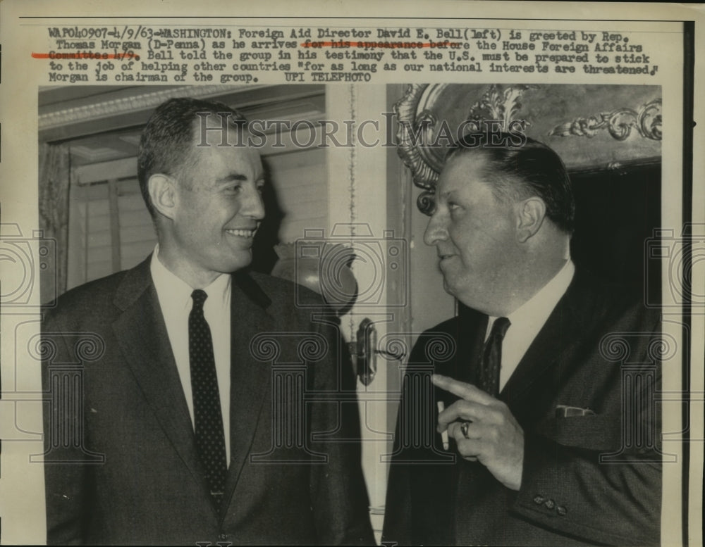 1963 Press Photo David Bell Greeted by Thomas Morgan Arriving at Foreign Affairs-Historic Images