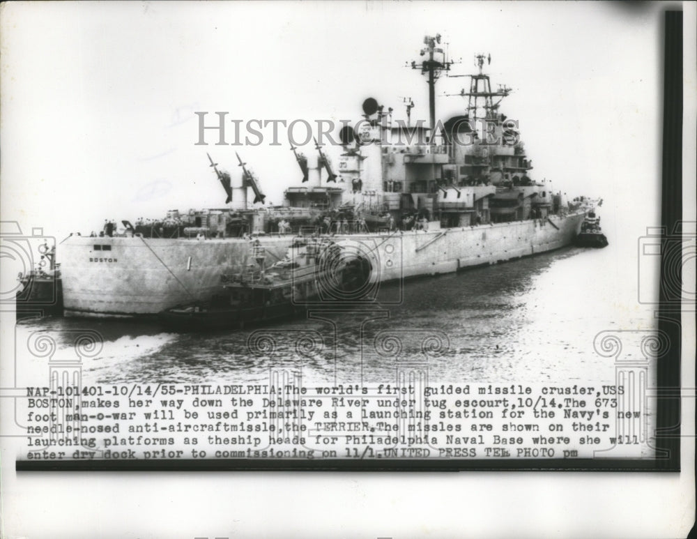 1955 Press Photo World&#39;s first guided missile Cruiser USS Boston down Delaware-Historic Images