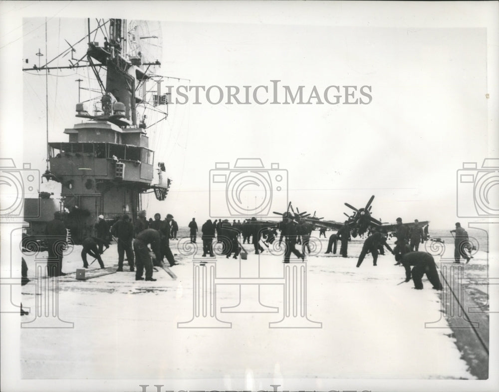 1955 Flight Deck Crews of USS Badoeing Strait Clear Decks of Snow - Historic Images