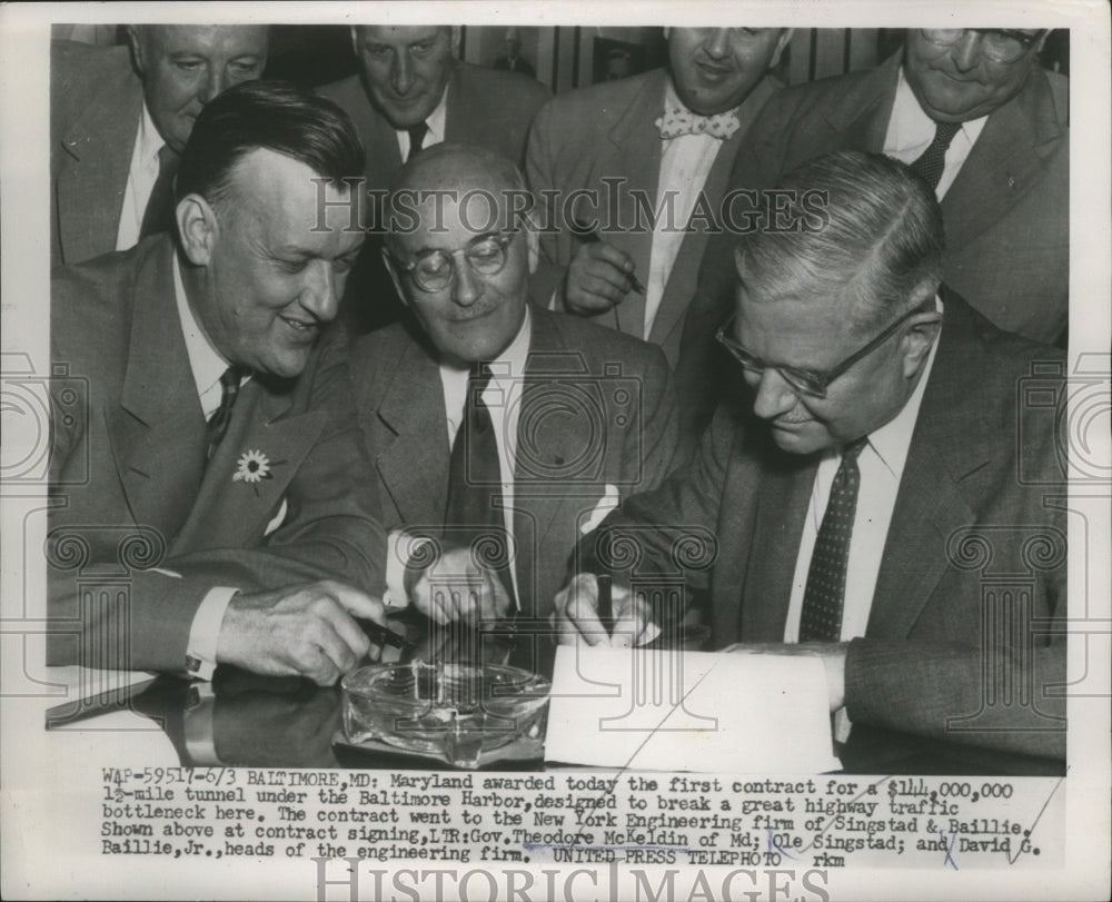 1954 Press Photo Theodore McKeldin,Ole Singstad,David Caillie Contract Signing-Historic Images