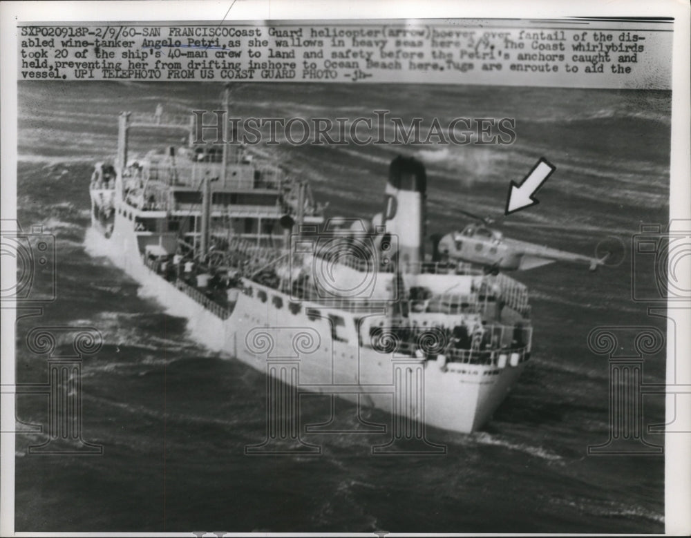 1960 Press Photo Wine-Tanker Angelo Petri Rescued by Coast Guard Helicopter-Historic Images