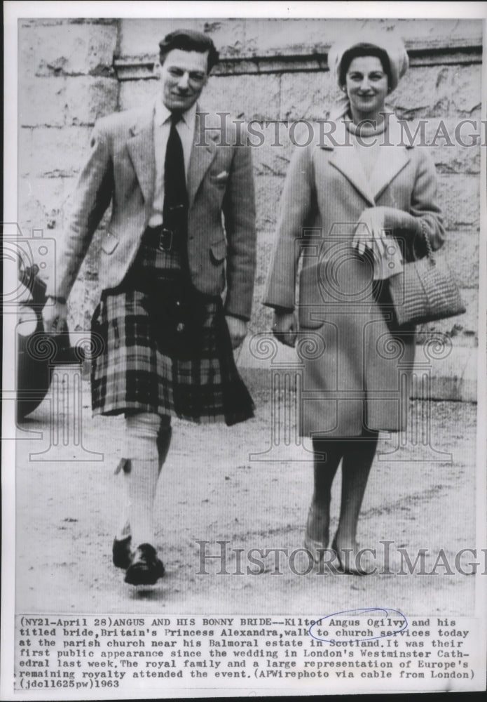1963 Angus Ogilvy & Bride Walk to Church Services at Parish Church - Historic Images