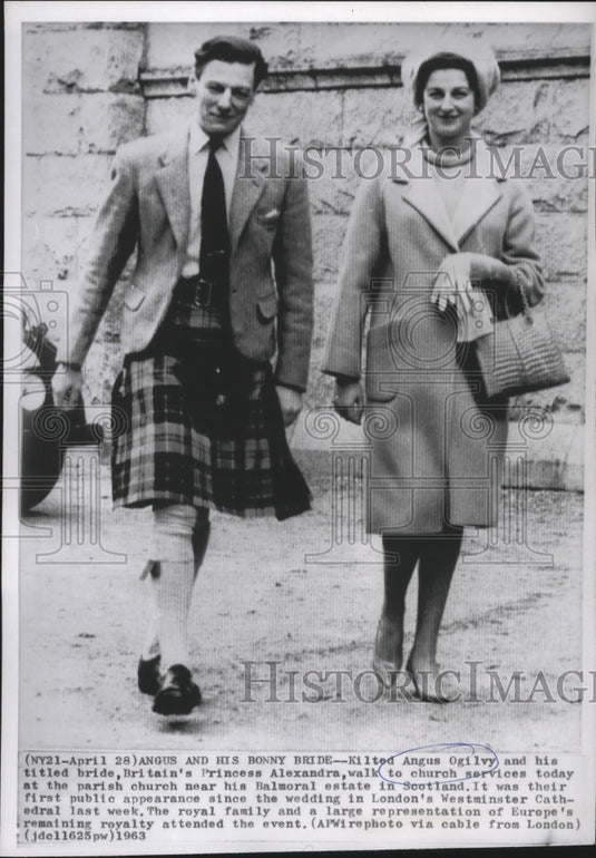 1963 Angus Ogilvy & Bride Walk to Church Services at Parish Church - Historic Images