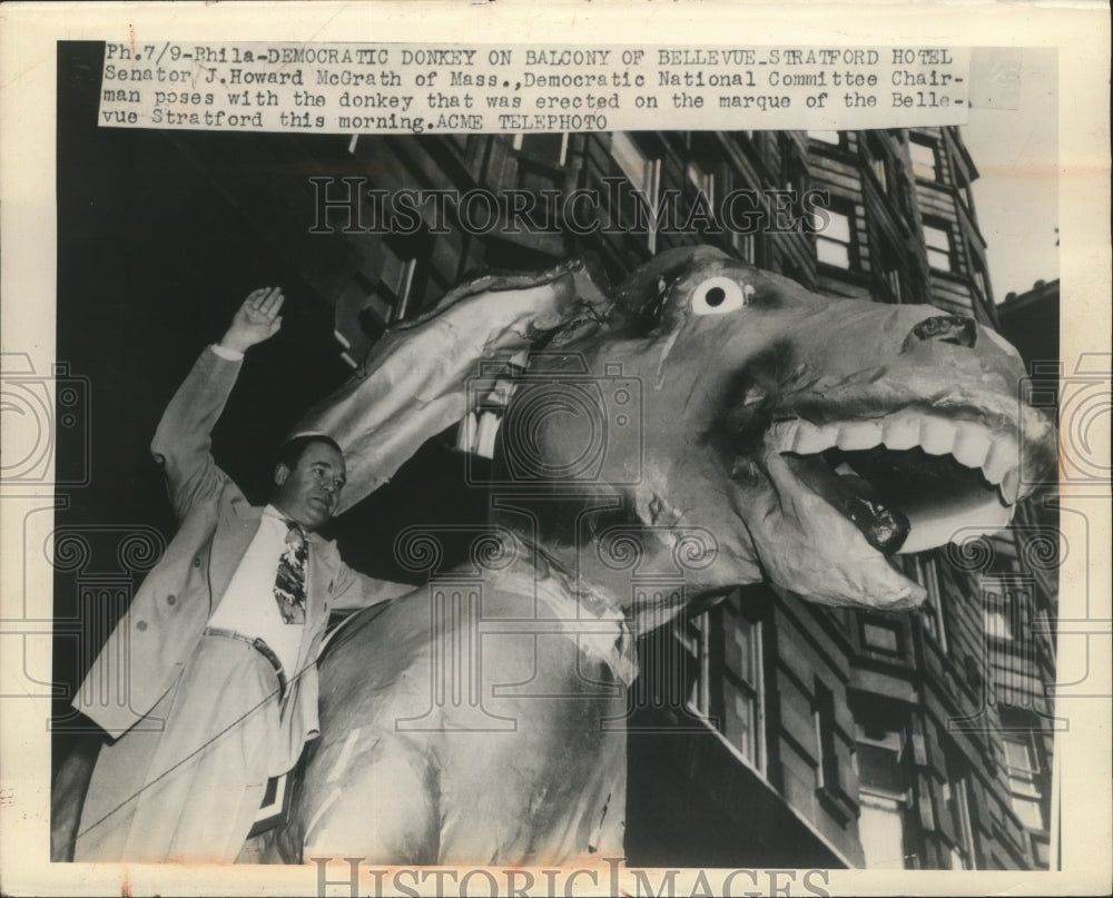 1948 Press Photo Sen.J.Howard McGrath of Mass.posed with donkey at Belleue-Historic Images