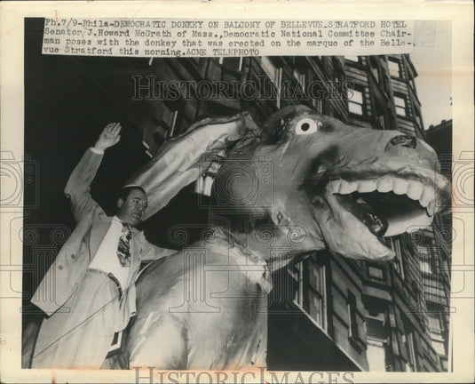 1948 Press Photo Sen.J.Howard McGrath of Mass.posed with donkey at Belleue-Historic Images